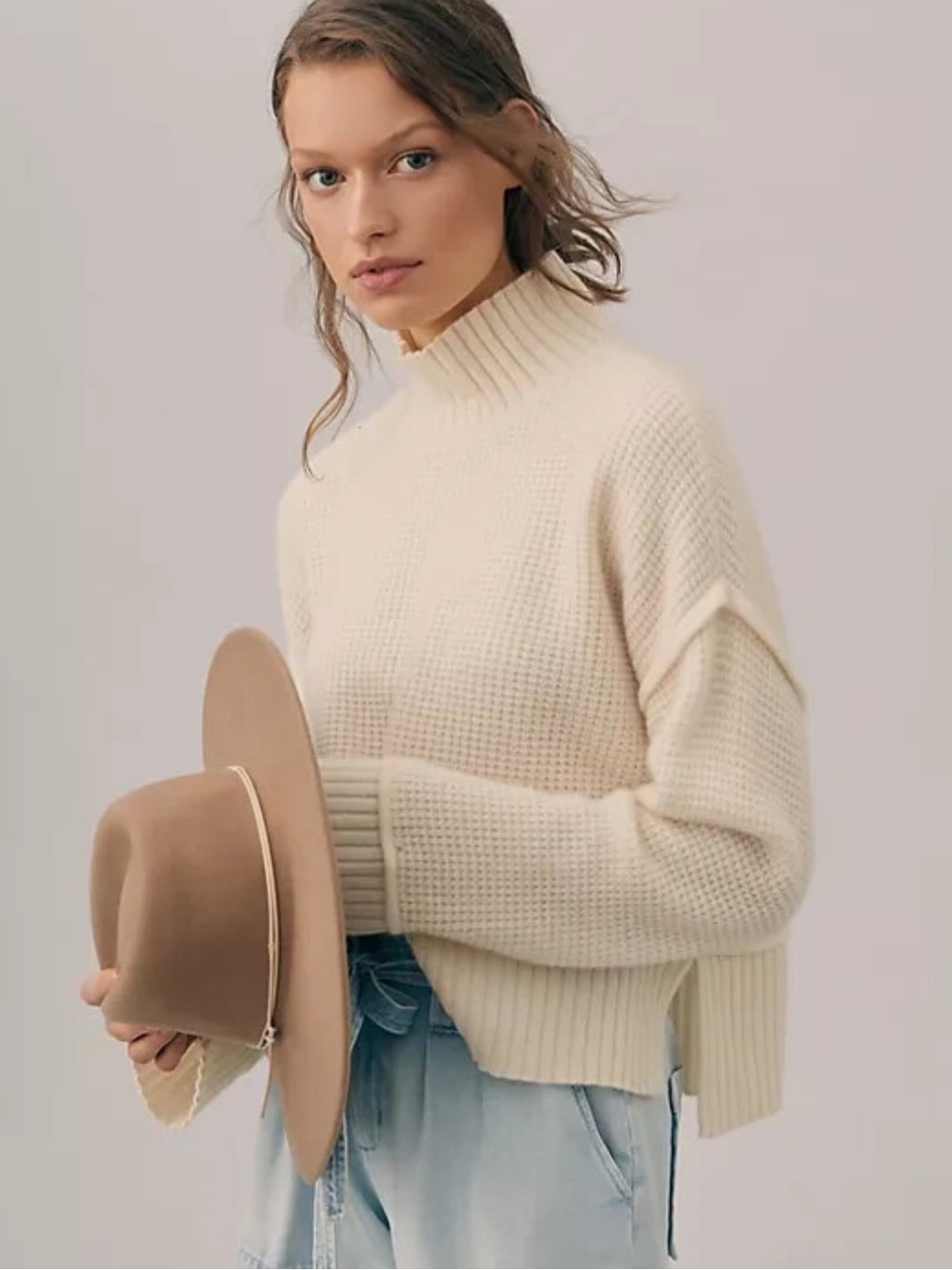 Anthropologie Pilcro 100% Cashmere Mockneck Sweater Cocoabella Ivory Waffle Sz S